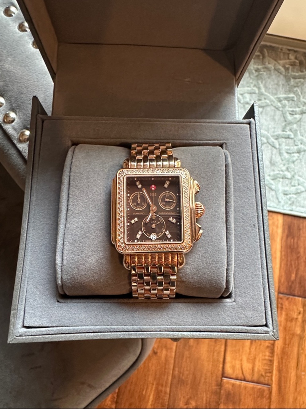 Michele Rose Gold Diamond-Accent Black Dial Bracelet Watch